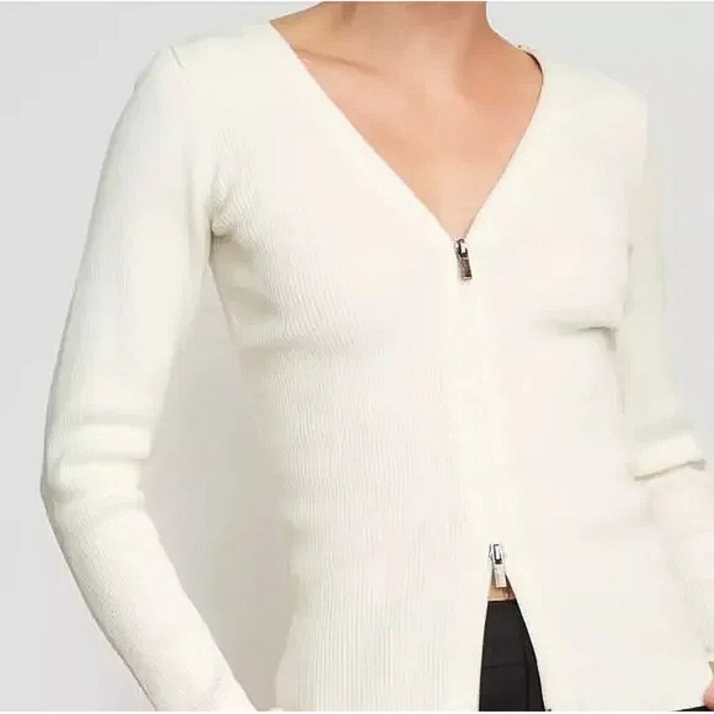 Modern Citizen Luna Ribbed Two-Way Zip Sweater Cream Front & Back Zipper V-Neck